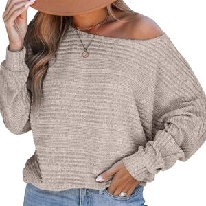 Tan Long Sleeve Crewneck Knitted Ribbed Sweater Neutral Boho Relaxed Box